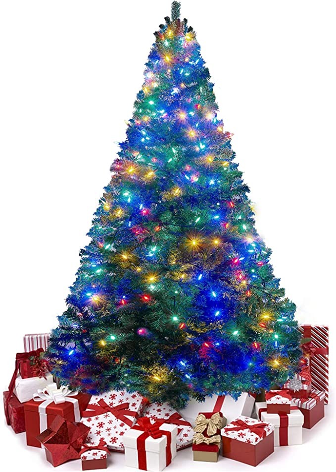 Lulu Home 6 Ft Artificial Christmas Tree with 300 LED Warm White String Lights (Not Pre-Strung) and 850 Branch Tips, 8 Lighting Modes Artificial Christmas Tree with Iron Stand