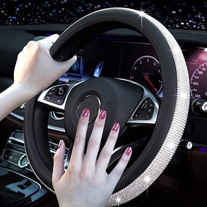 GEISTHOT 4-piece shiny car accessories, suitable for women and girls, car decoration package, rhinestone shiny steering wheel cover universal suitable for 15 inches, shiny car * with cover, shiny star
